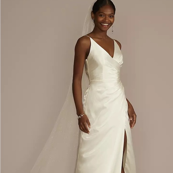 Draped Satin Spaghetti Strap Sheath Wedding Dress - Picture 4 of 6